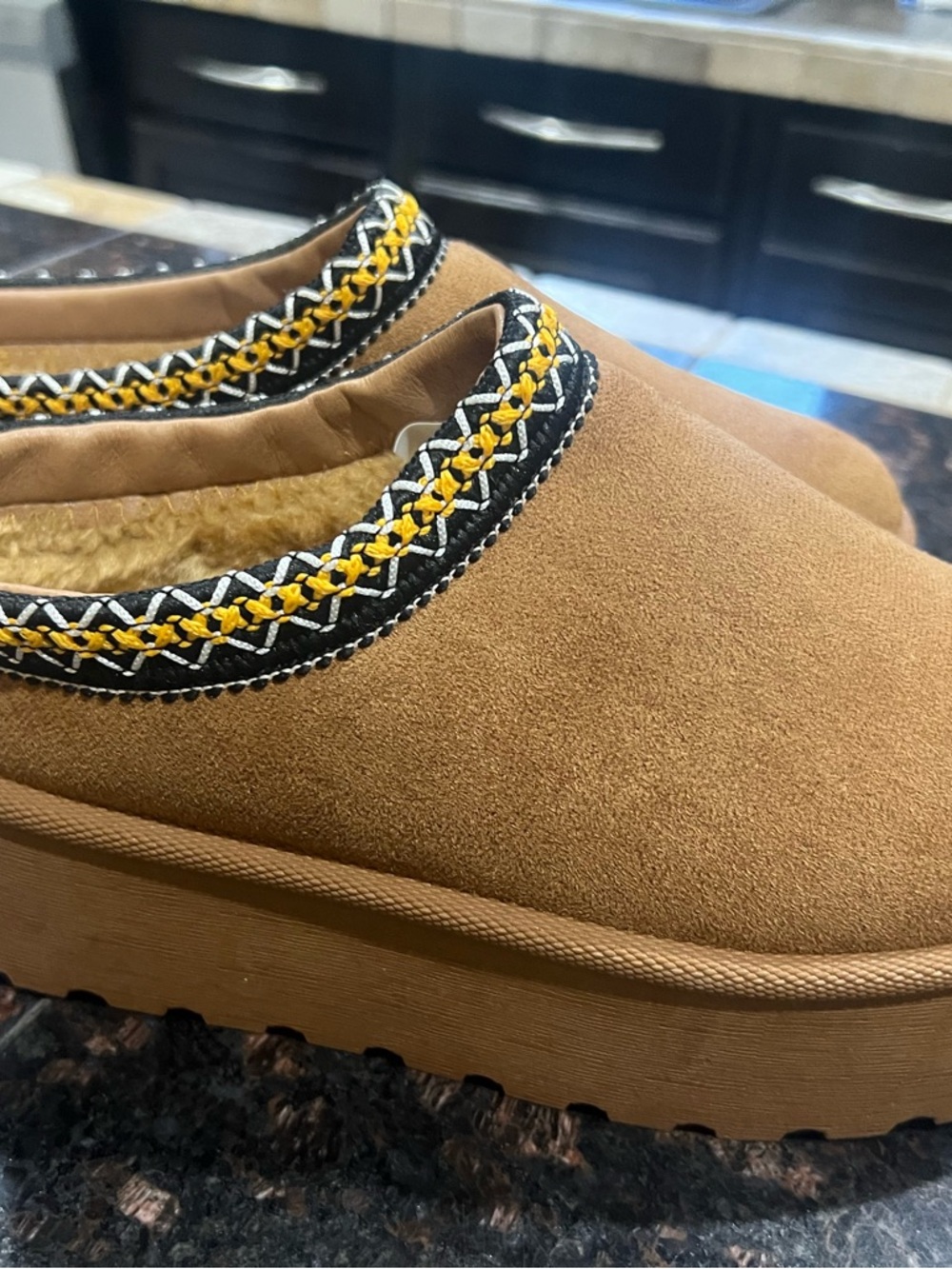 Mudd Tan Slip-On Platform Mules with Black and Yellow Braided Trim